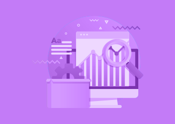 A purple background with graphs and a magnifying glass for SEO.