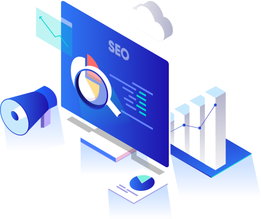 An isometric image of SEO with a magnifying glass and graphs showcasing buy backlinks and guest posts.